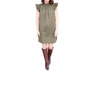 NEW VOY elegant self tie ruffle sleeve printed shift dress in olive